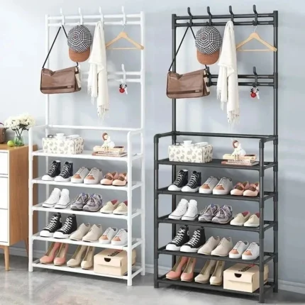 Simple Floor Shoe Rack with Hooks – Multi-Tier Entryway and Hat Organizer, Load-Bearing Design for Living Room Storage